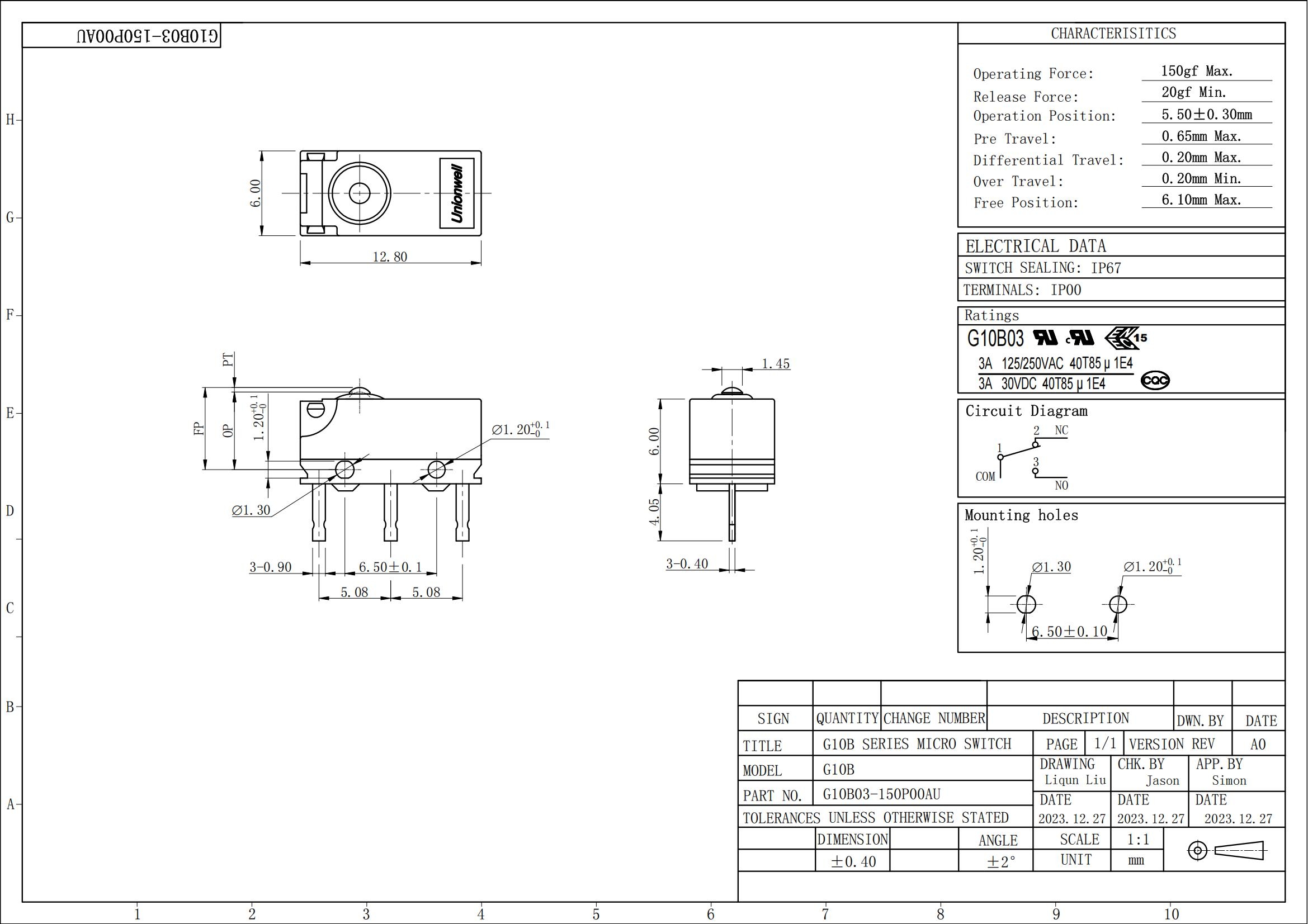 G10B Micro Switch Drawing